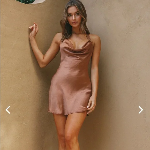 Selfie Leslie Champagne Showers Halterneck Slip Mini Dress Chocolate - Picture 3 of 6